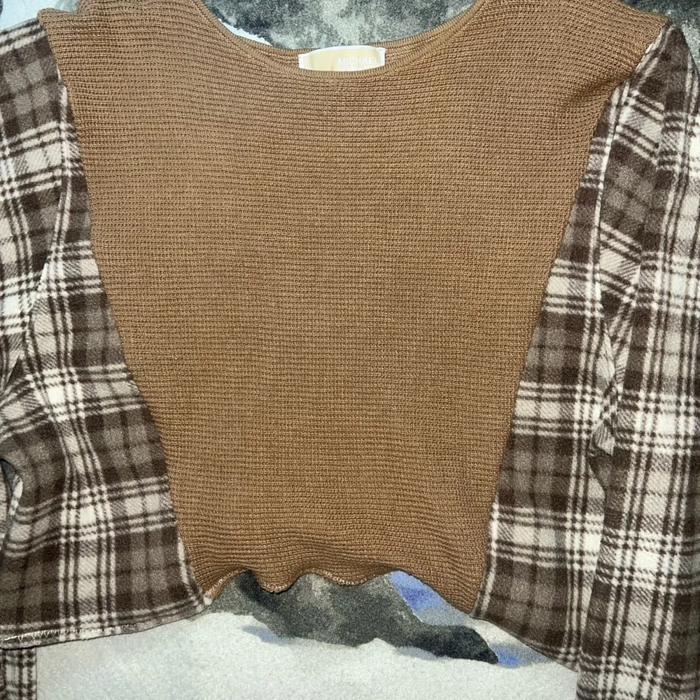 Micheal Kors Sweater x Wrangler Fleece Brown and Tan Plaid Cropped Sweater S - Picture 3 of 5